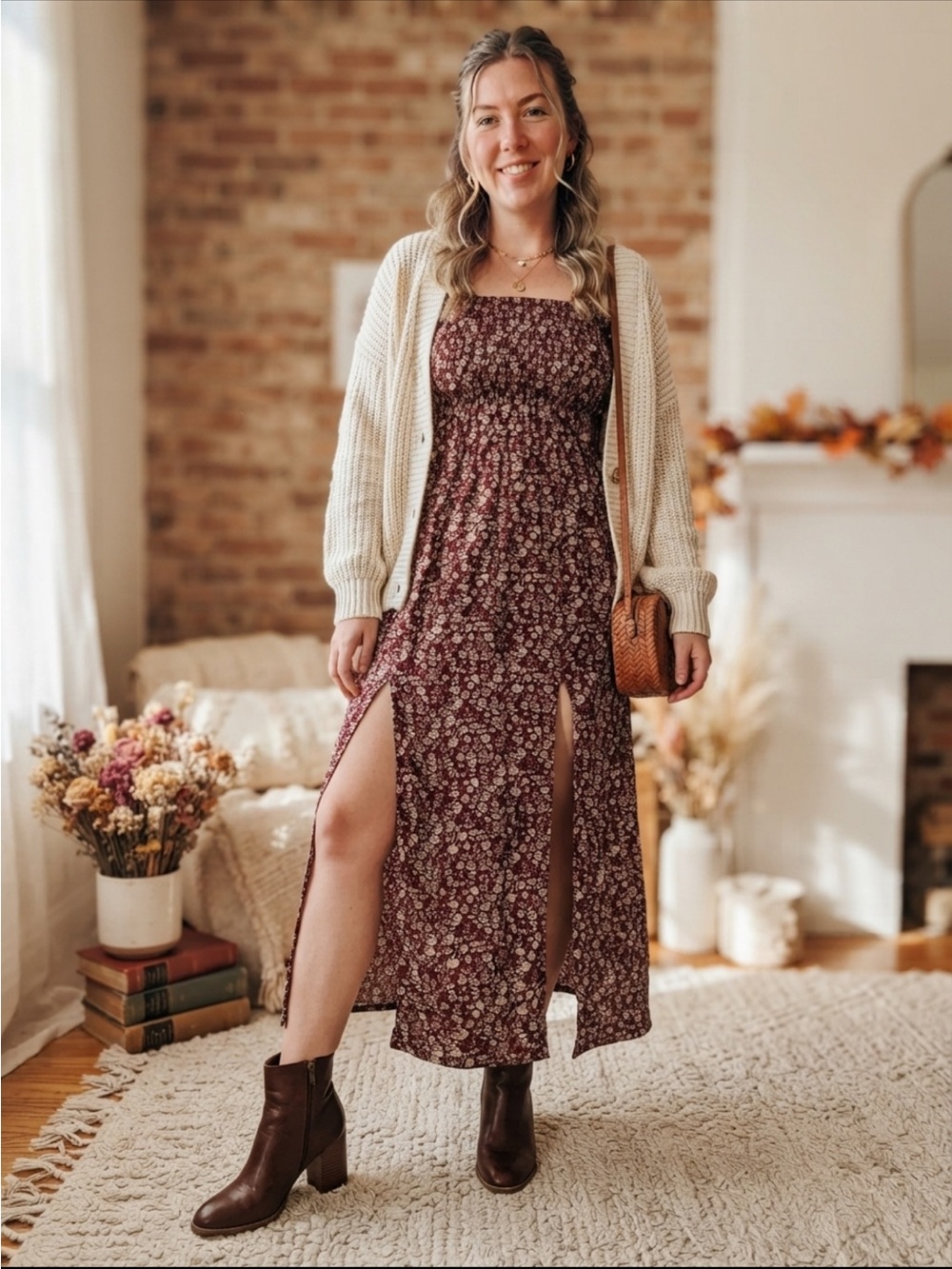 Burgundy Floral Smocked Midi Dress Size S/M Slits Cottagecore Boho Stretchy